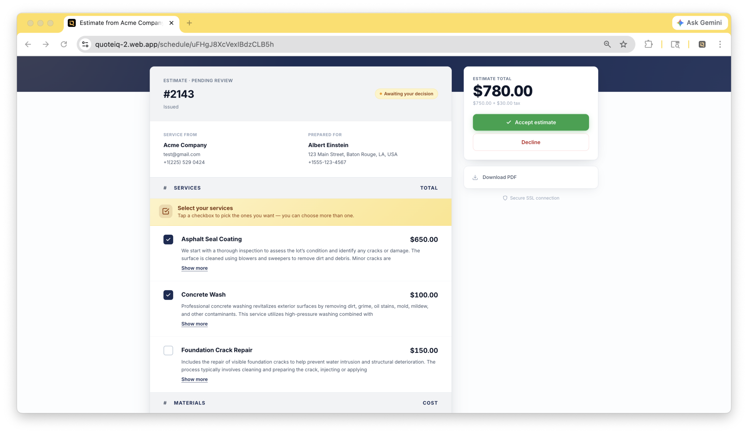 QuoteIQ estimate options screen